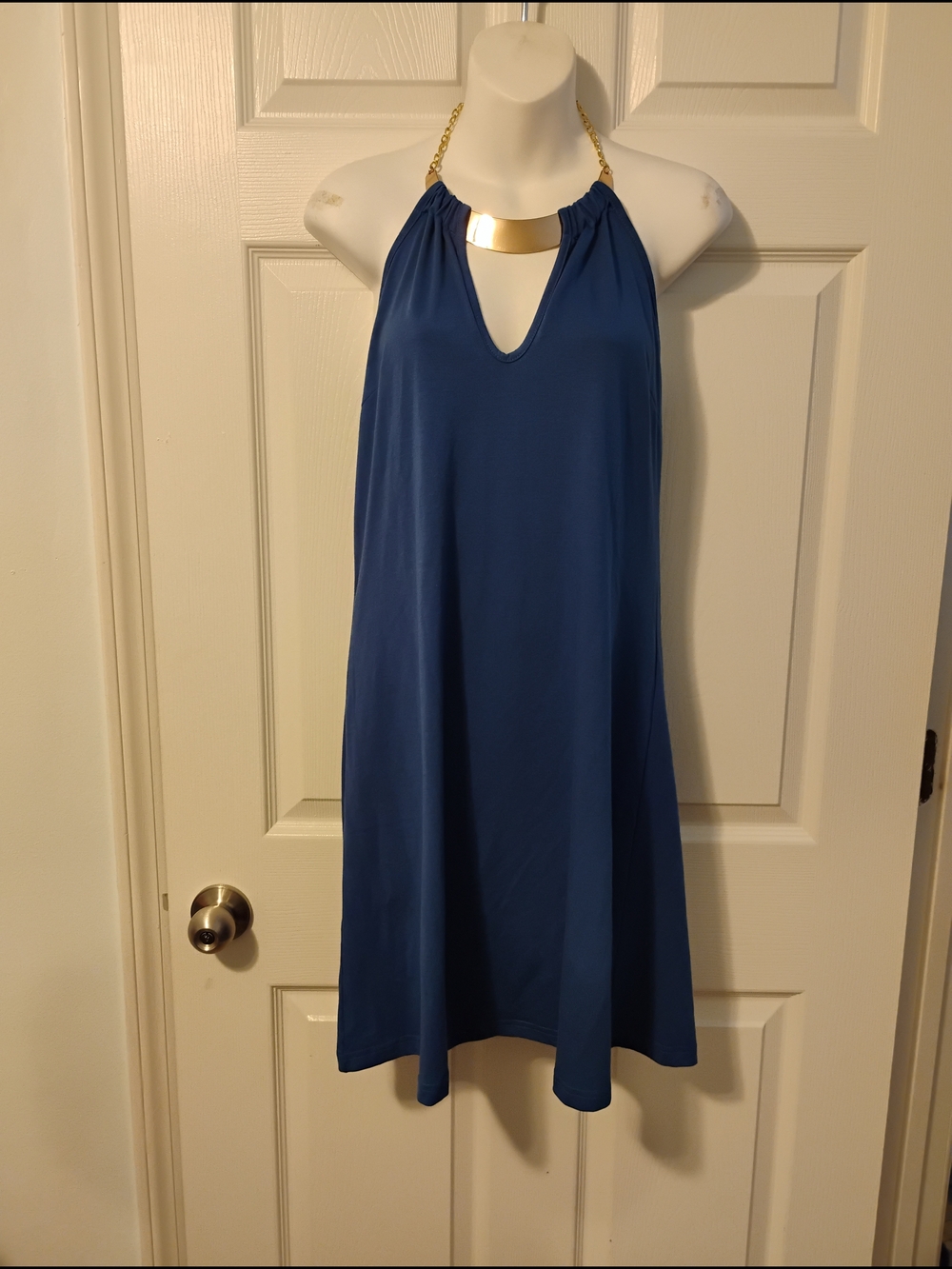 Gold-Chain Cobalt Blue Halter Mini Dress